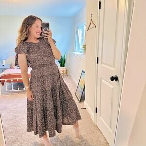 THE GREAT. Black Red Dainty Floral Cotton Tiered Maxi Dress 0 XS